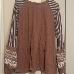 Brown Long Sleeve Top with Striped Sleeves